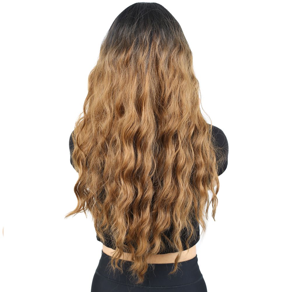 Kanekalon Fiber Synthetic Wig with Long Water Wavy Look with Special Bangs / Black / Caramel Ombré