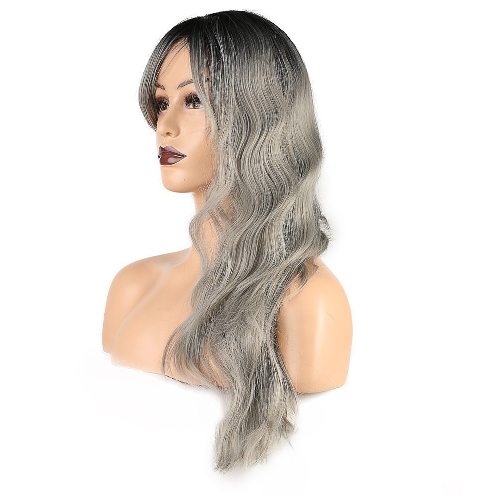 Kanekalon Fiber Synthetic Medium Wig with Wavy Custom Bangs / Black Gray Ombré