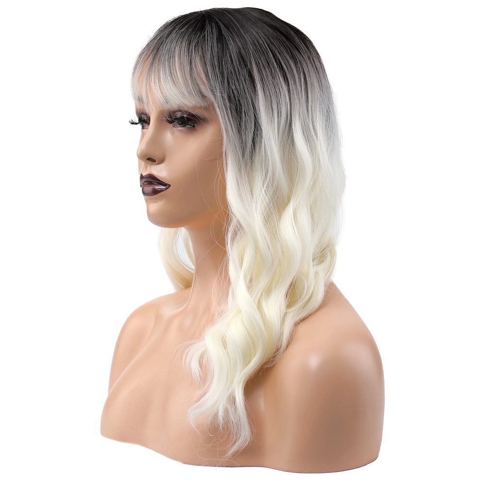 Kanekalon Fiber Synthetic Wig with Wavy Short Custom Bangs / Brown / White Platinum Ombré