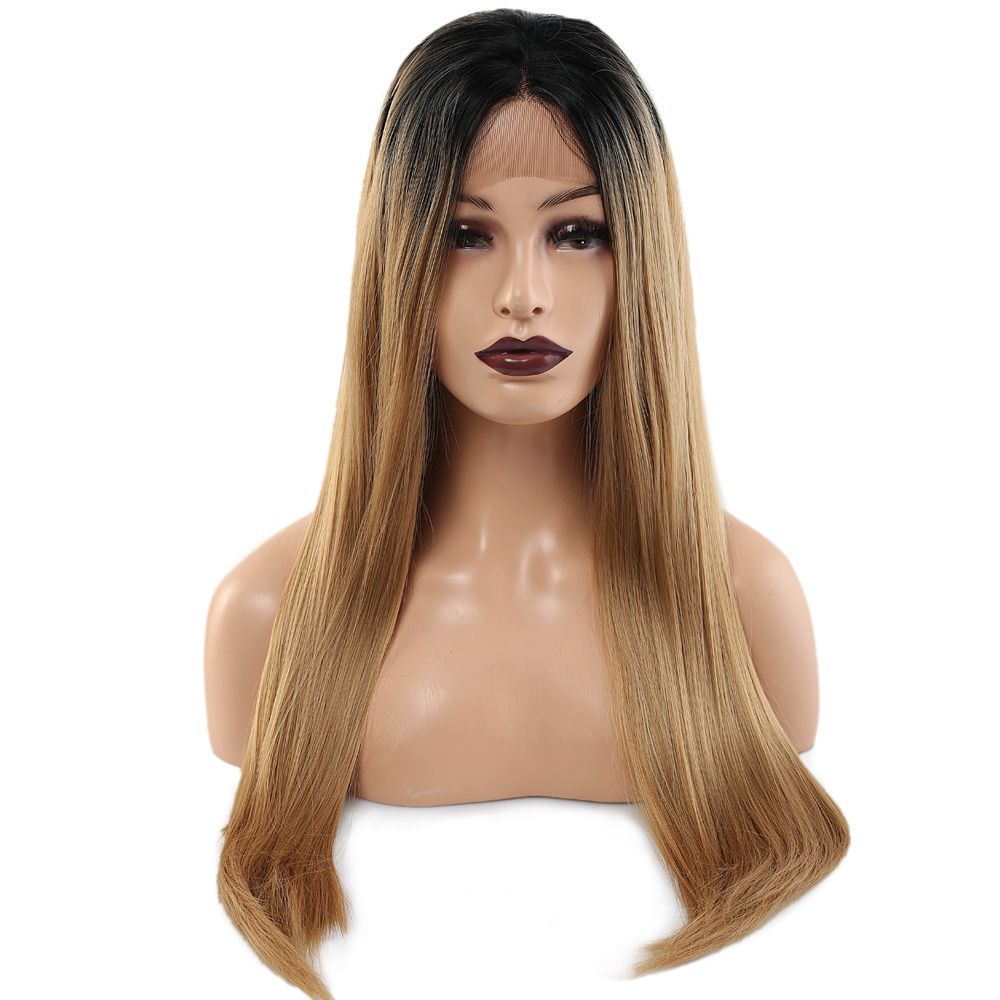 Kanekalon Fiber Synthetic Straight Long Tulle Wig / Black Caramel Long Ombré