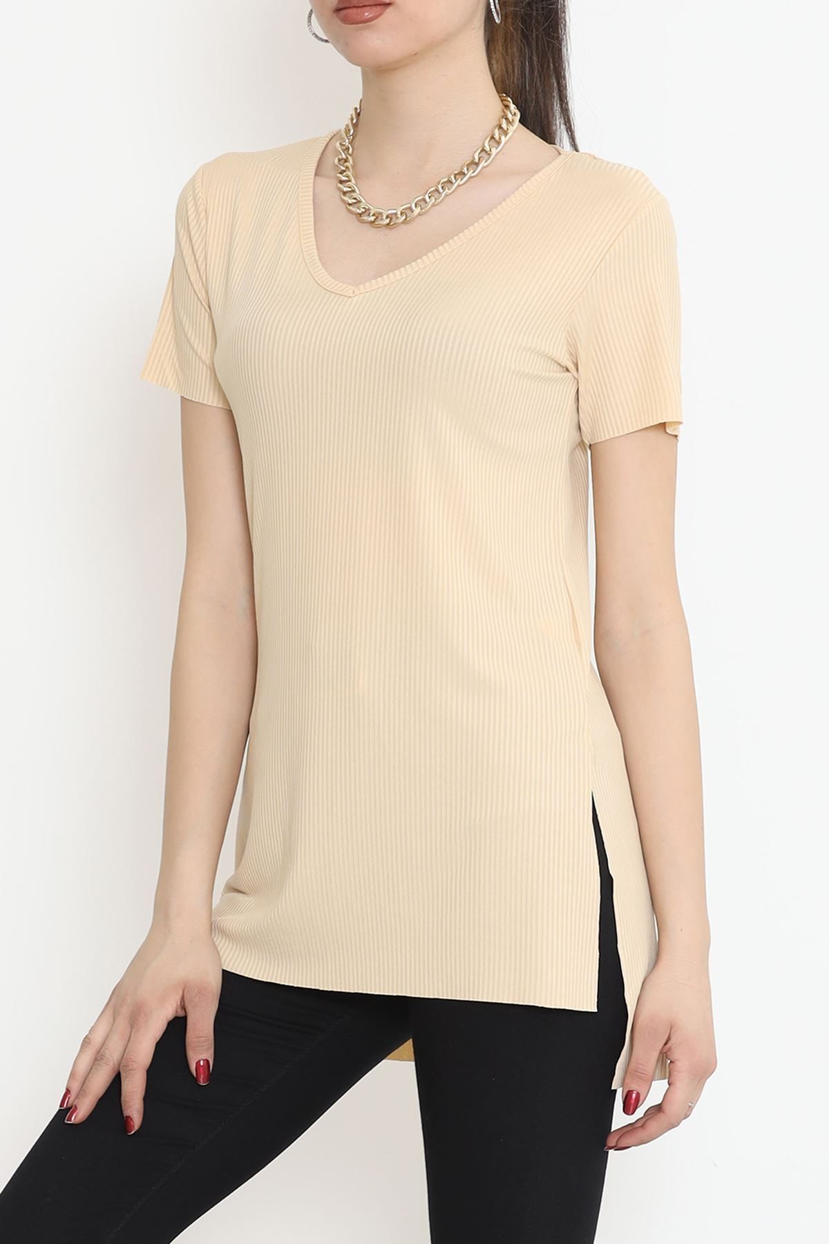 V-Neck T-Shirt with Slits Beige