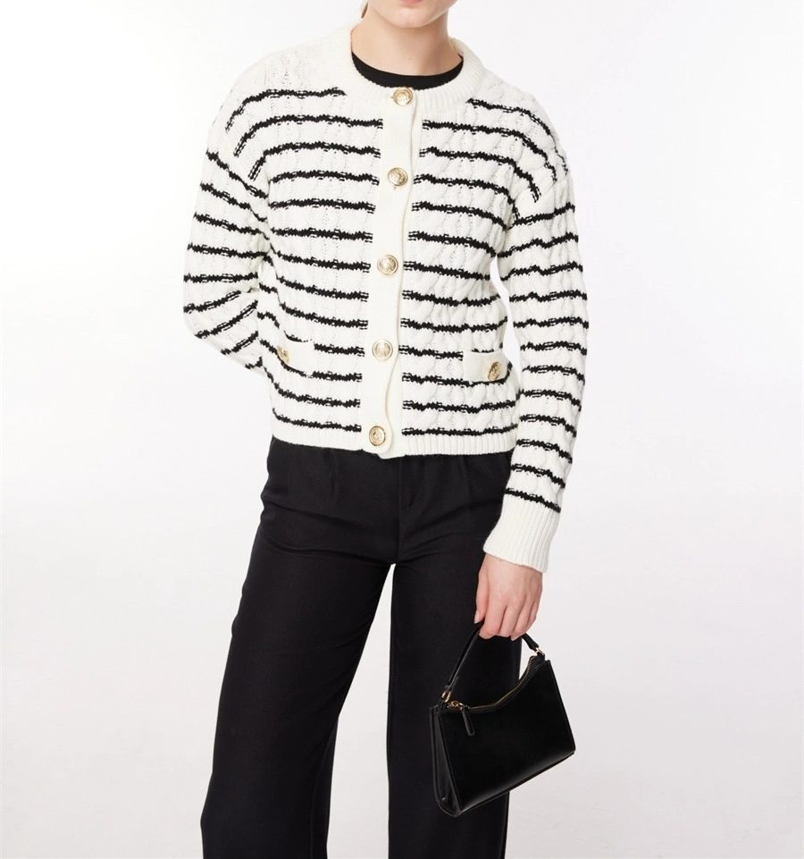 Women's Ecru-Black Striped Reverse Knit Sweater Cardigan