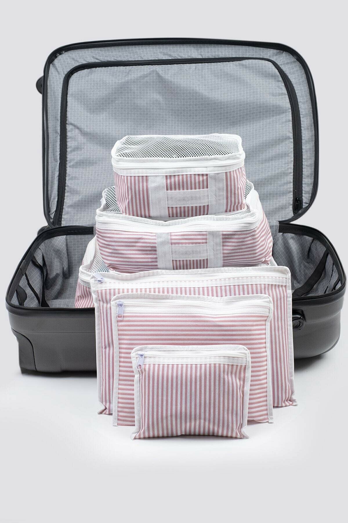 6 Piece Suitcase Organizer Set - Pink White Striped