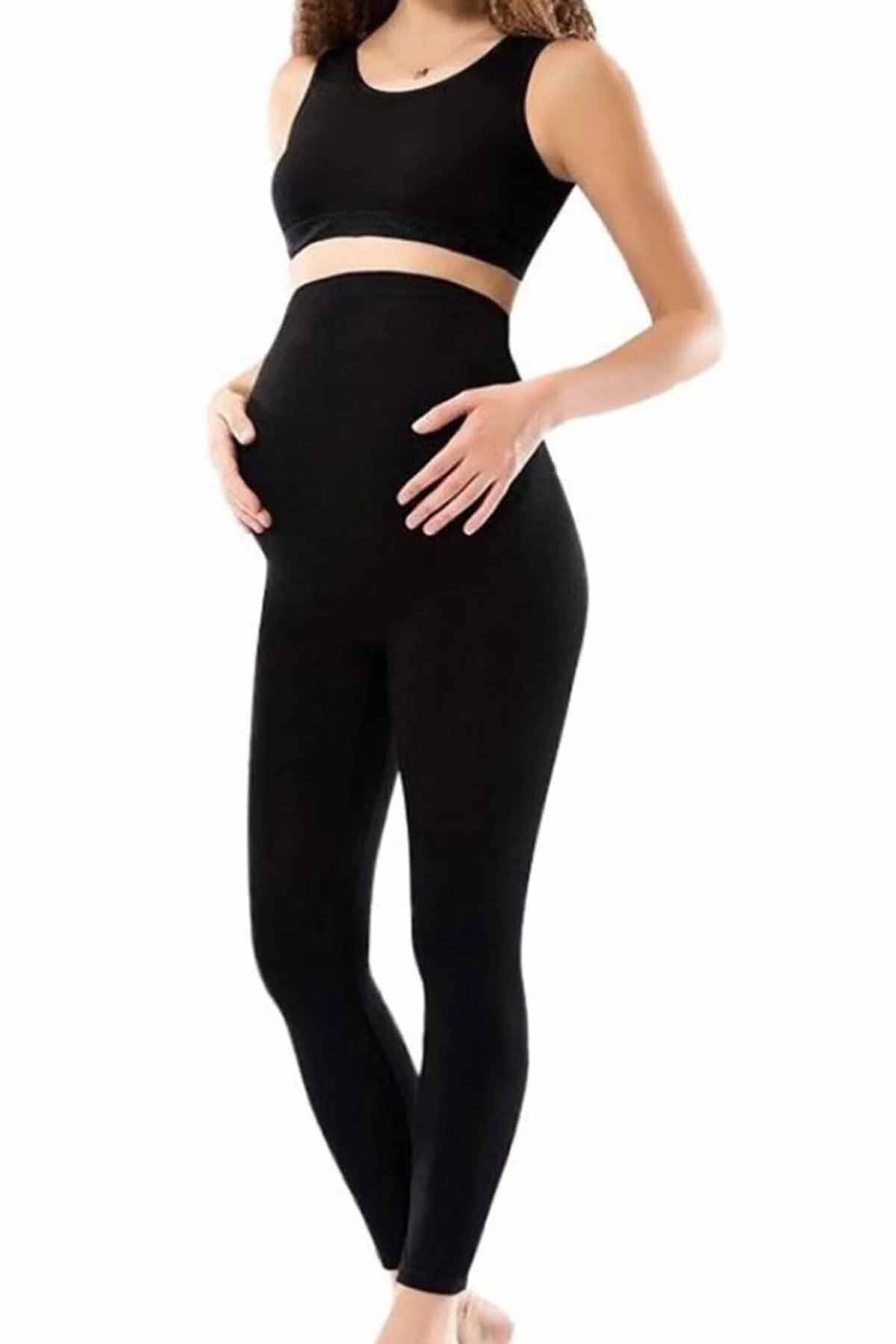 Women's Black Combed Long Maternity Leggings - 3273A