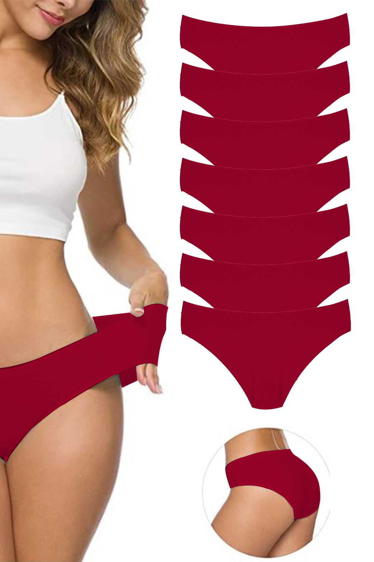 7Pcs Women's Seamless Laser Cut Stretchy Non-marking Panties Burgundy