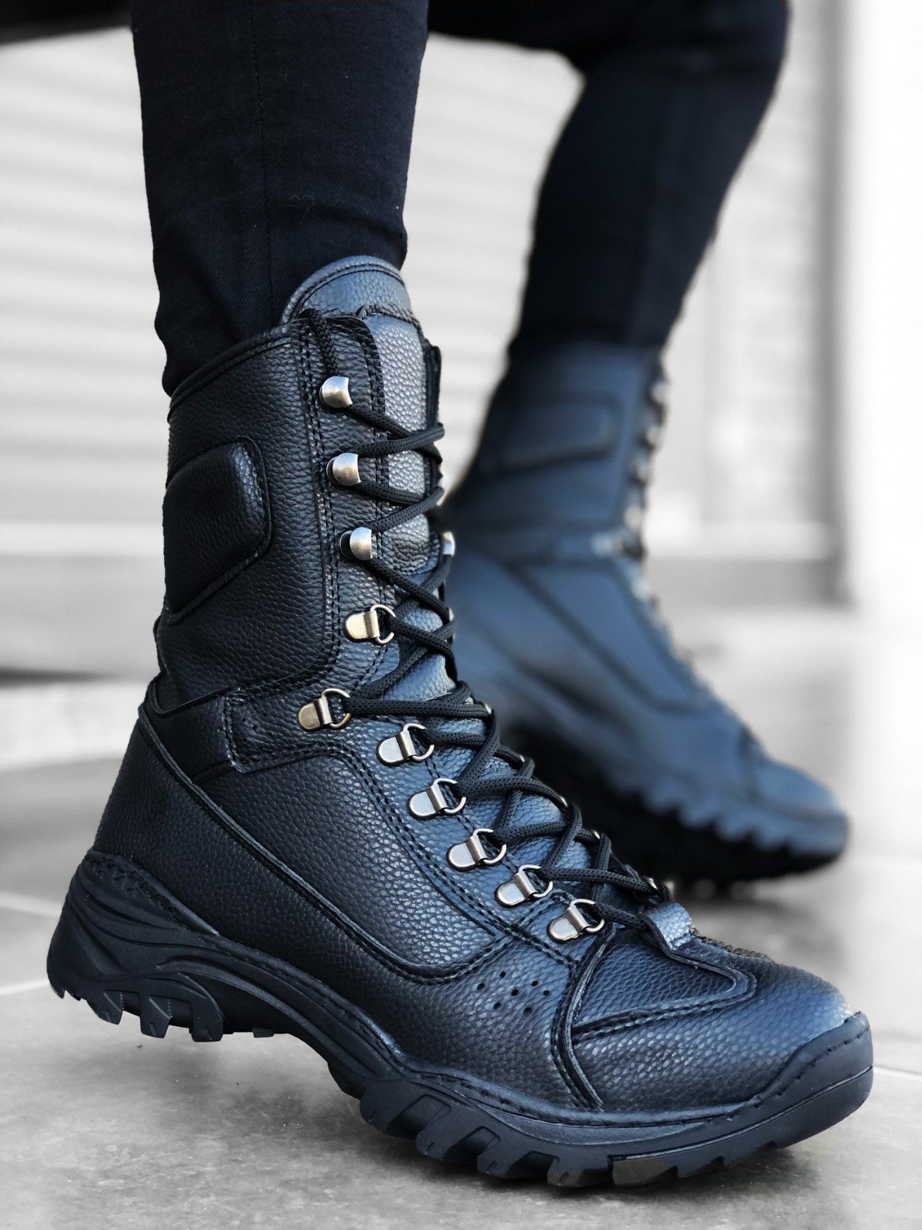 Lace-up Black Skin Military Boots