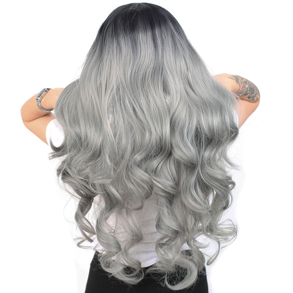 Super Dense Wavy Kanekalon Fiber Synthetic Long Bangs Toupee / Black / Gray Ombré