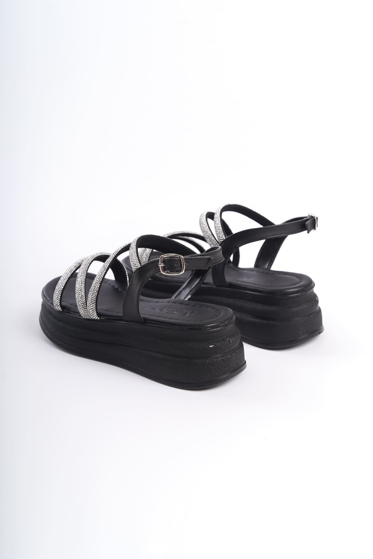 CLZ948 Women's Orthopedic Sole Sandals ST Black with Thin Buckle Stone Stripe