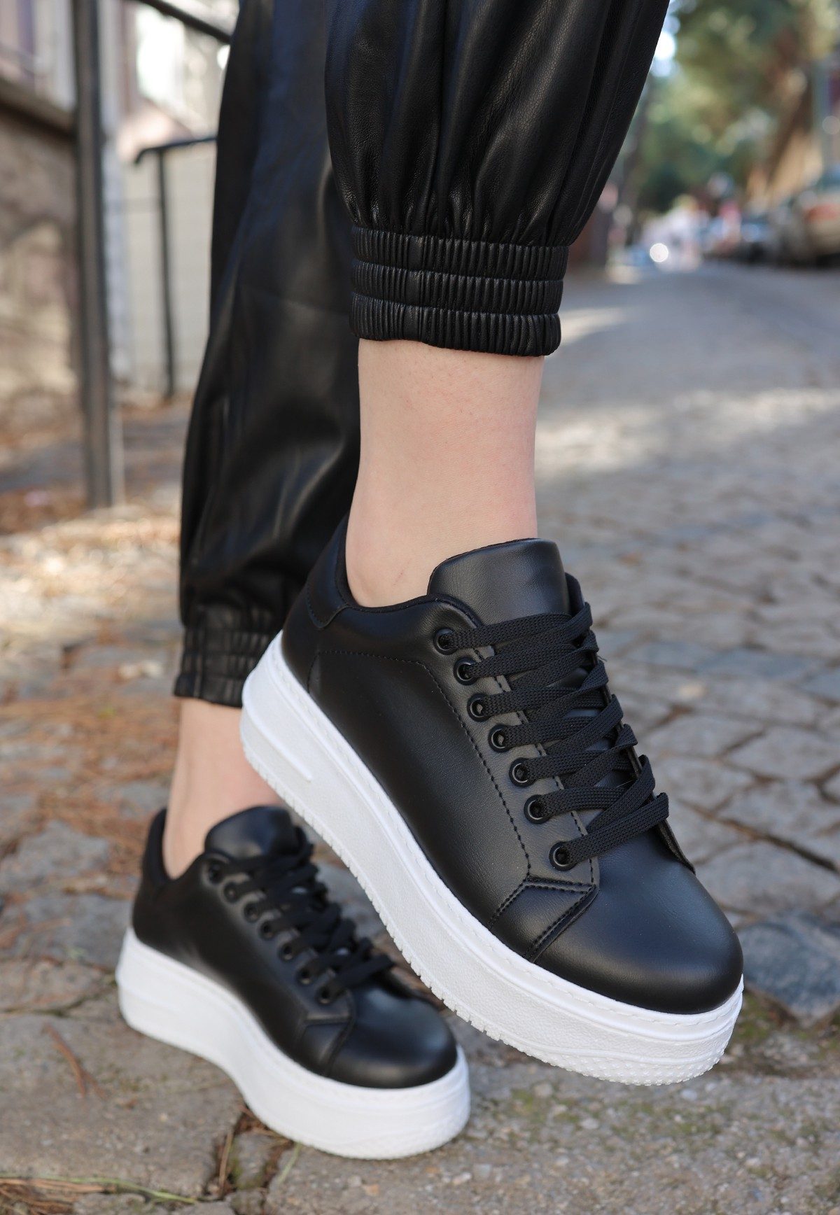 Black Skin White Sole Lace-Up Sneakers