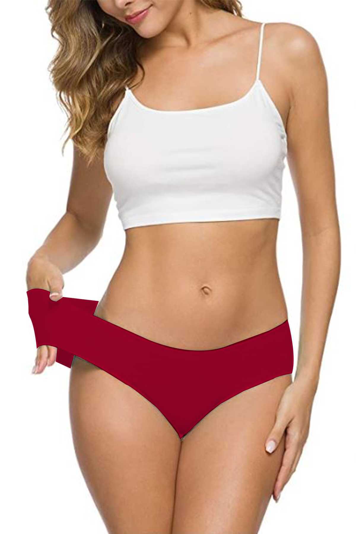 3Pcs Women's Seamless Laser Cut Stretchy Non-marking Panties Burgundy