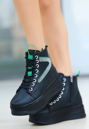 Black Skin Green Detailed Lace-up Boots