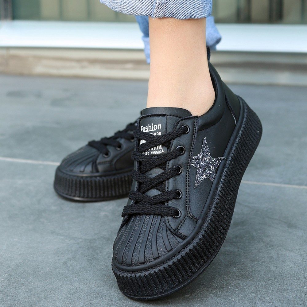 Black Skin Lace-Up Sneakers