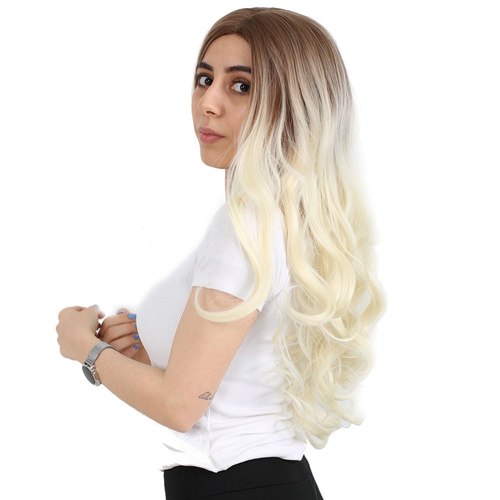 Super Dense Wavy Kanekalon Fiber Synthetic Long Bangs Wig / Auburn / Platinum Ombré