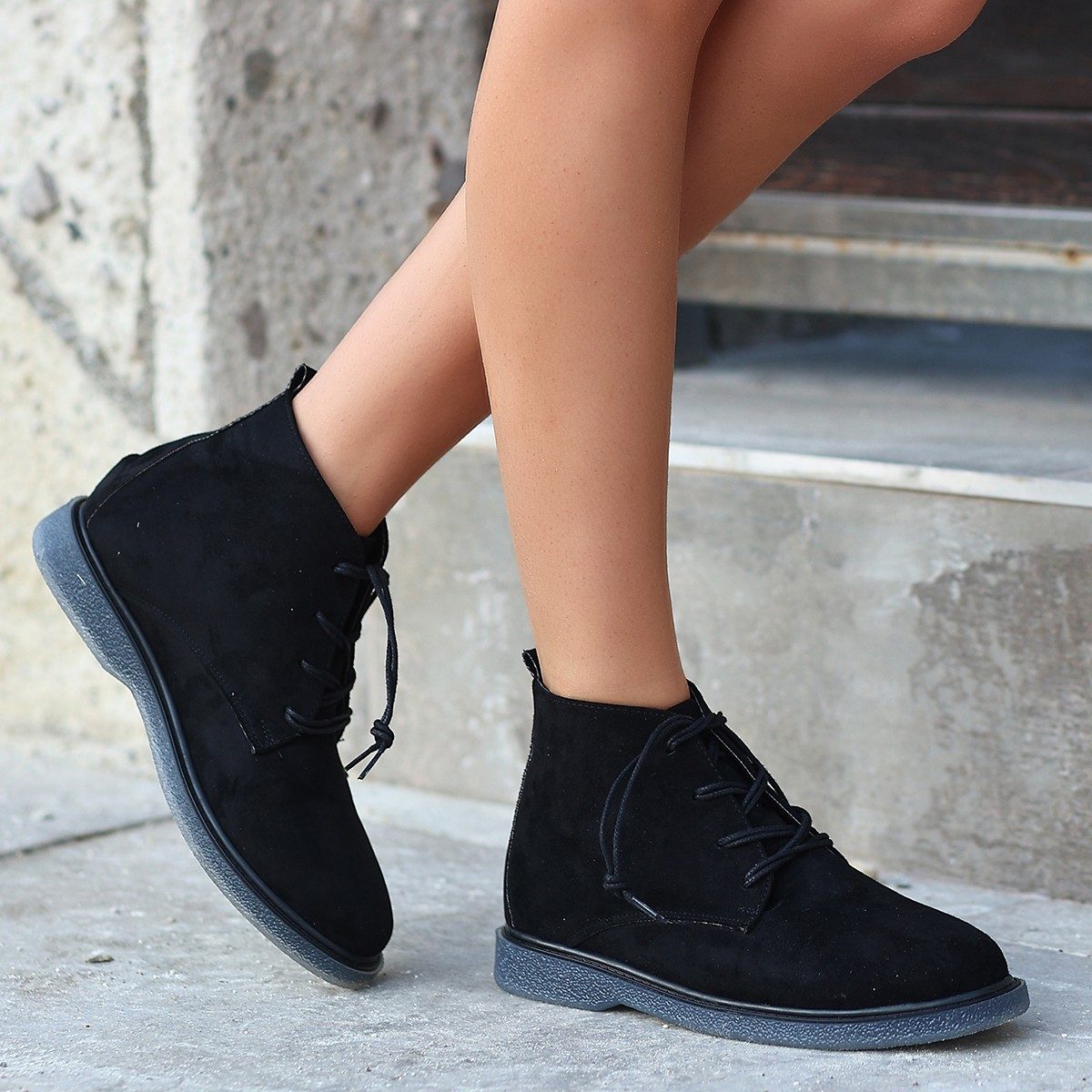 Black Suede Gray Soled Lace-up Boots