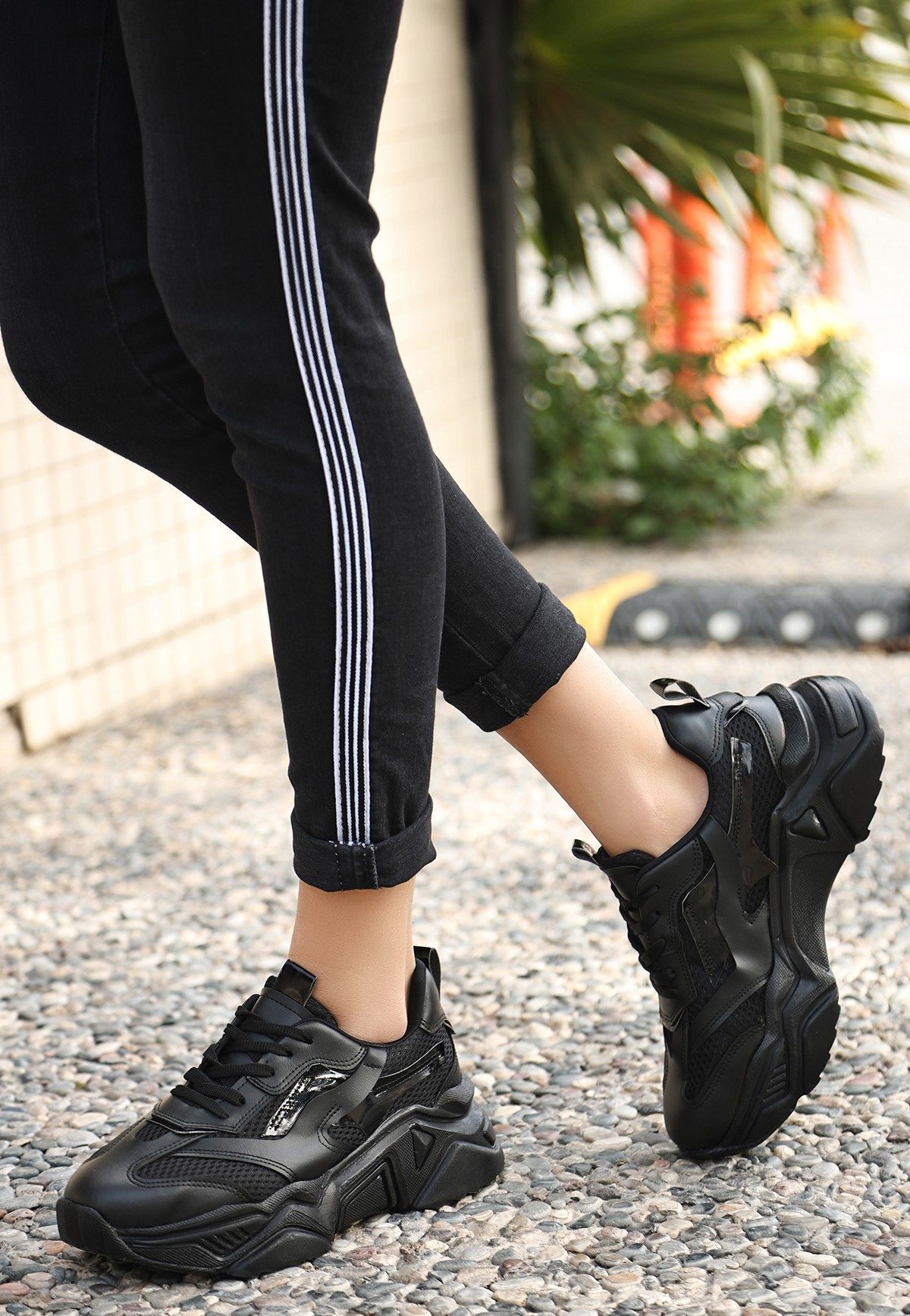 Black Skin Lace-Up Sneakers