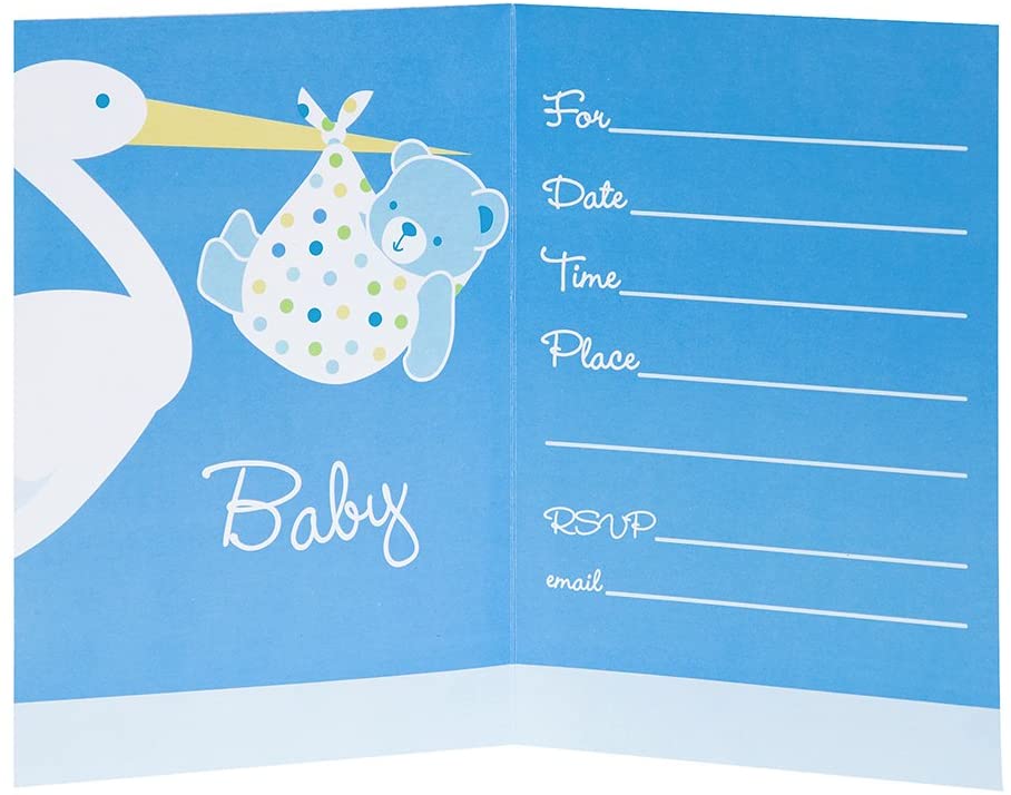 Baby Boy Stork Themed Blue Color Baby Shower Invitations 8 Pieces