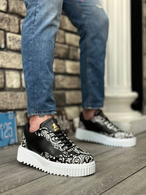 Gothic Patterned Black and White High Sole Men's Casual Shoes