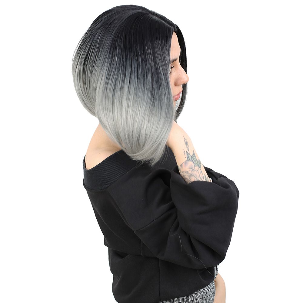 Straight Short Kanekalon Fiber Synthetic Wig without bangs / Black / Gray Ombré