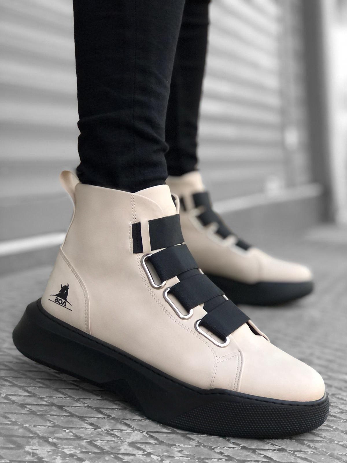 Men's High Sole Cream Sport Boots with Straps