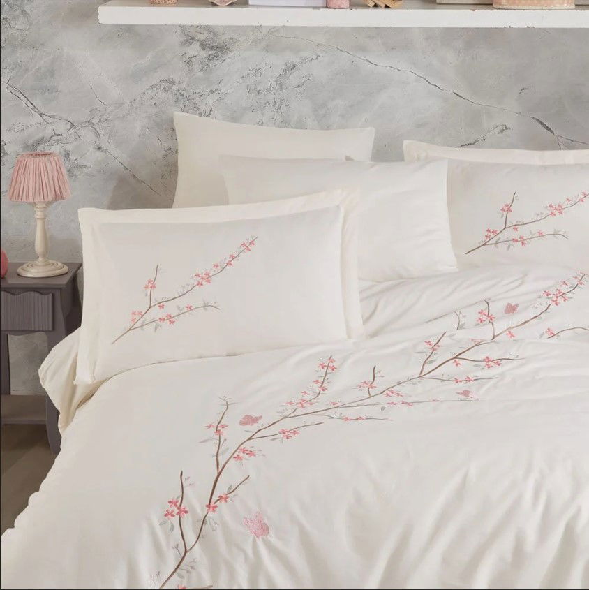 Double Poplin Premium Embroidered Duvet Cover Vera Cream