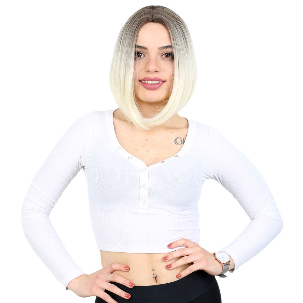 Straight Short Kanekalon Fiber Synthetic Wig without bangs / Ashy Light Brown / Platinum Ombré