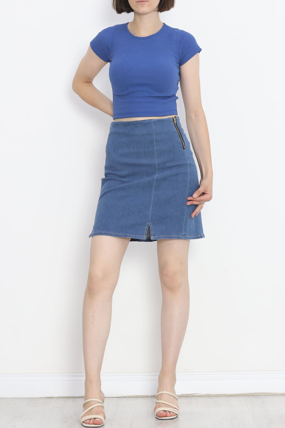 Denim Skirt with Slits Blue