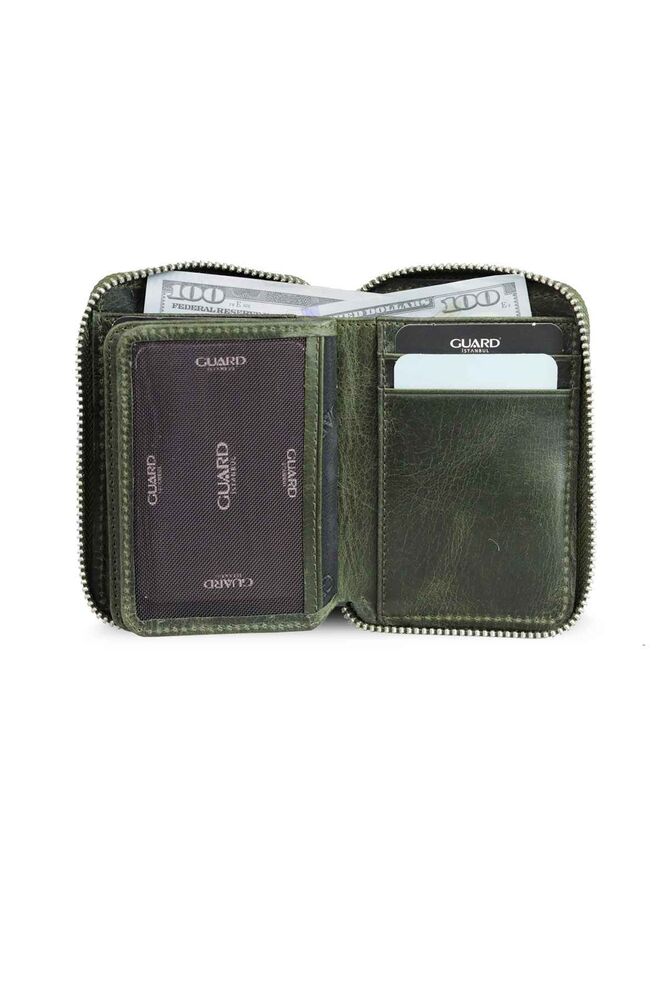 Antique Green Leather Mini Wallet with Zipper