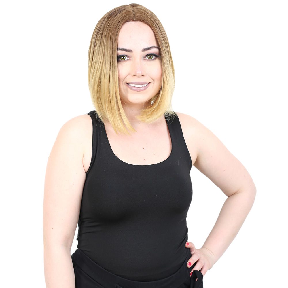 Straight Short Kanekalon Fiber Synthetic Wig without bangs / Auburn / Yellow Ombré