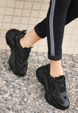 Black Skin Lace-Up Sneakers