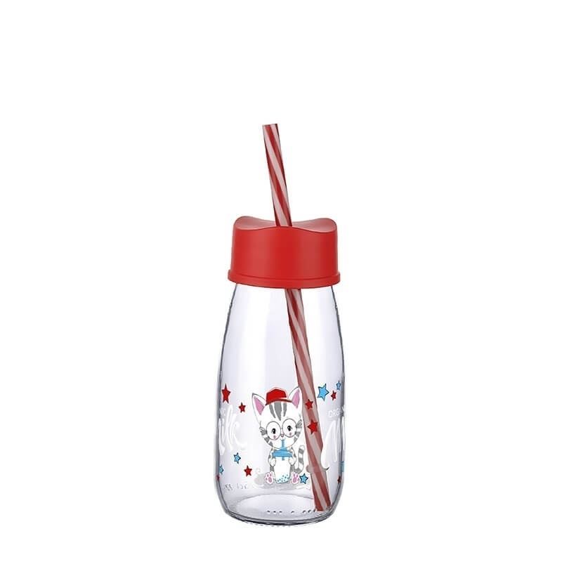 Straw Water And Milk Bottle Glass 250 ML - Red