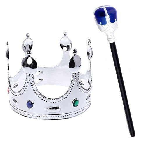 Child Size Silver King's Crown and King's Scepter with Blue Knob