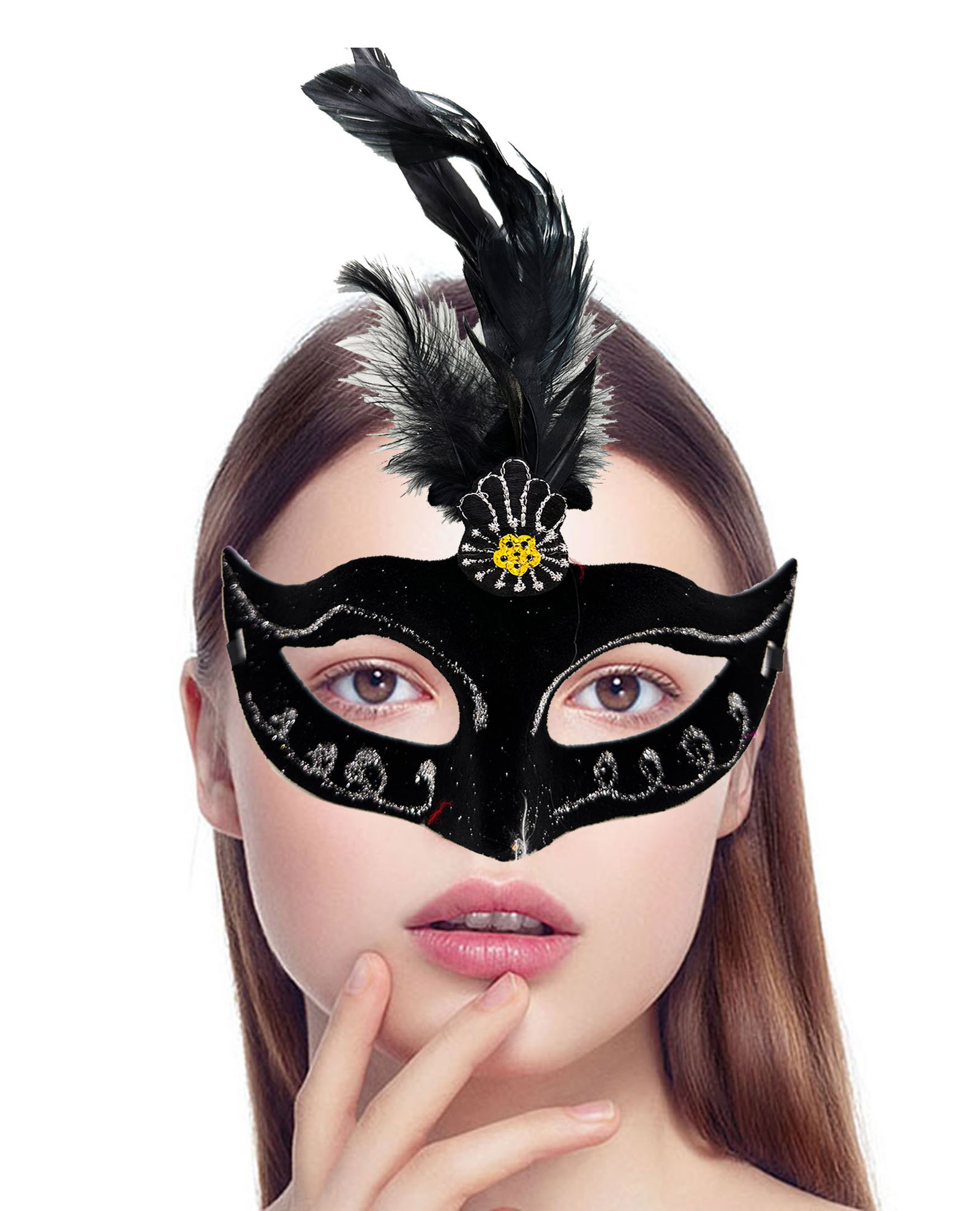 Black Suede Coating Party Prom Mask with Black Color Feathers 20X16 cm