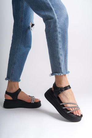 CLZ948 Thick Buckle Stone Stripe Orthopedic Sole Women's Sandals ST Black