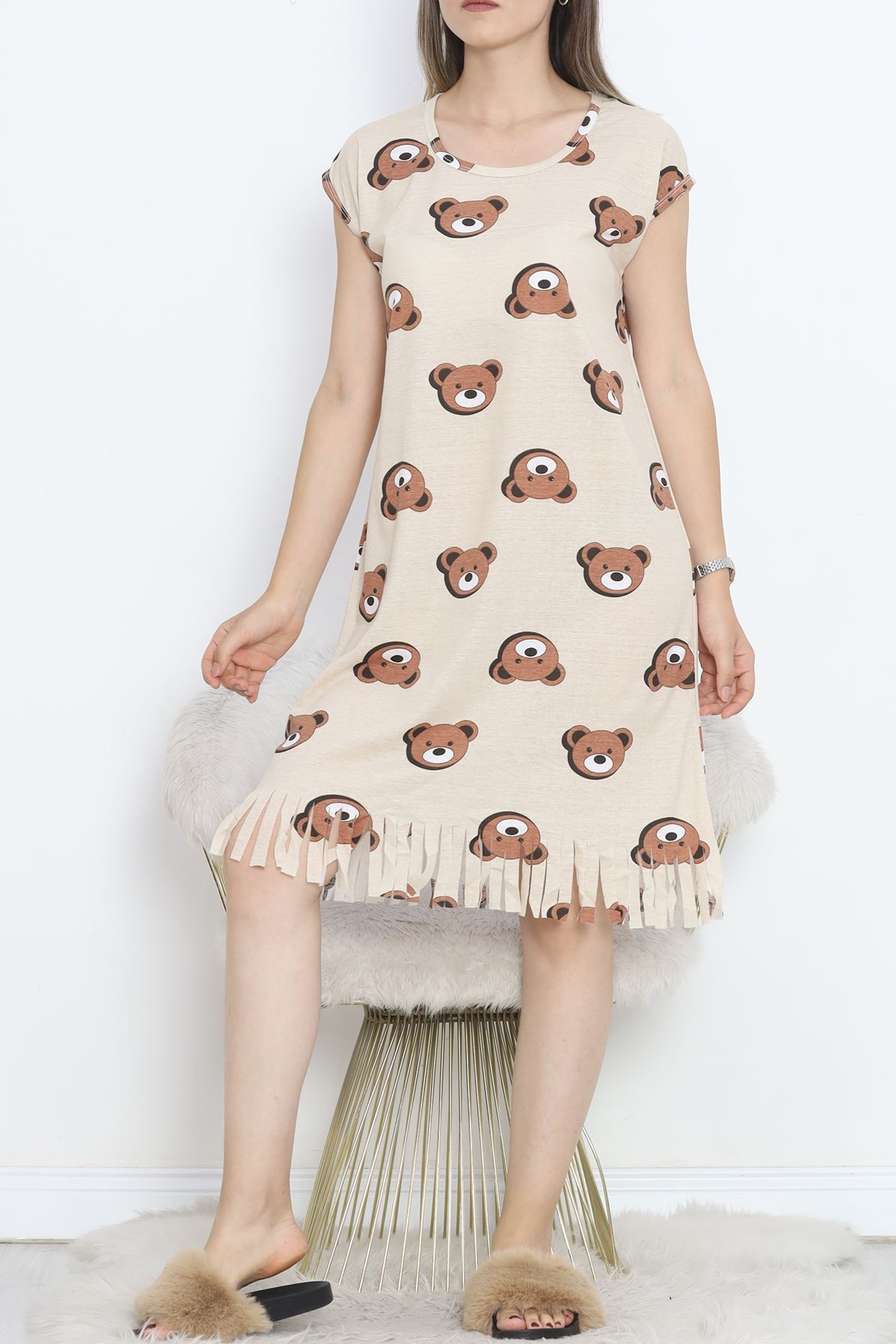 Printed Rotation Tasseled Dress Brownebeige