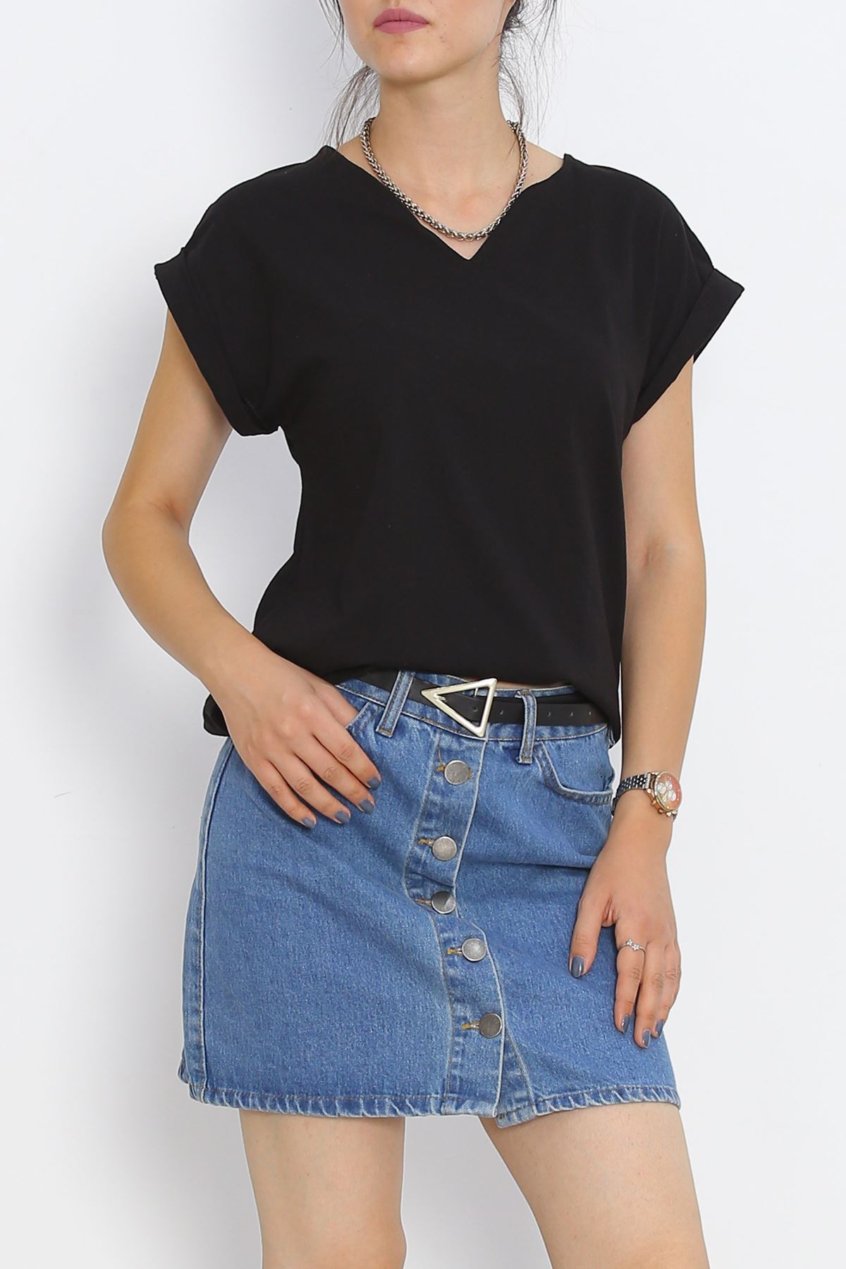 Pear Neck Double Sleeve T-Shirt Black