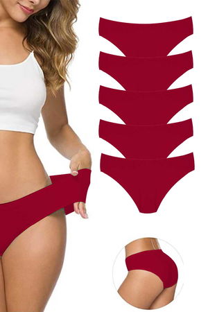 5Pcs Women's Seamless Laser Cut Stretchy Non-marking Panties Burgundy