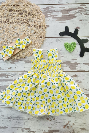 Lemon Printed Summer Yellow Girl's Sleeveless Dress with Straps Turk