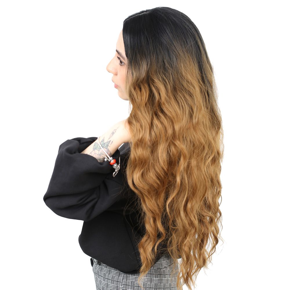 Kanekalon Fiber Synthetic Long Water Wavy Look Wig / Black / Caramel Ombré