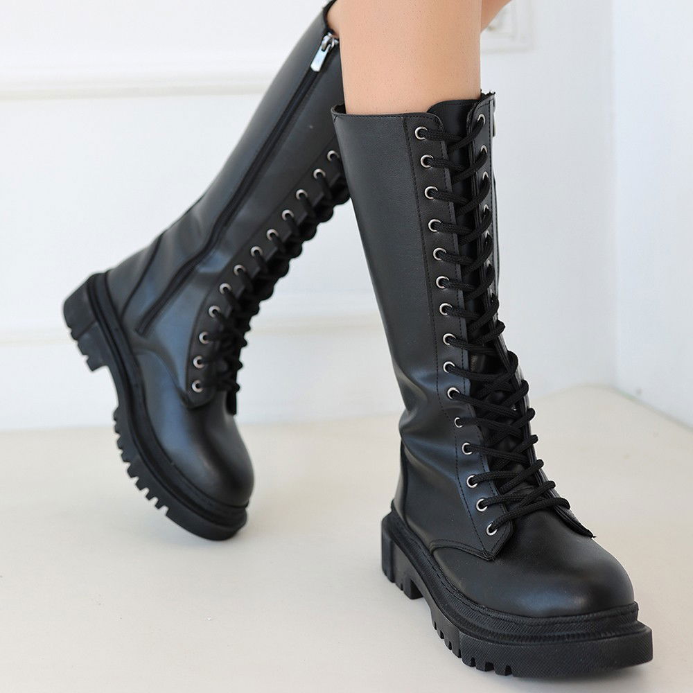 Black Skin Lace-up Boots