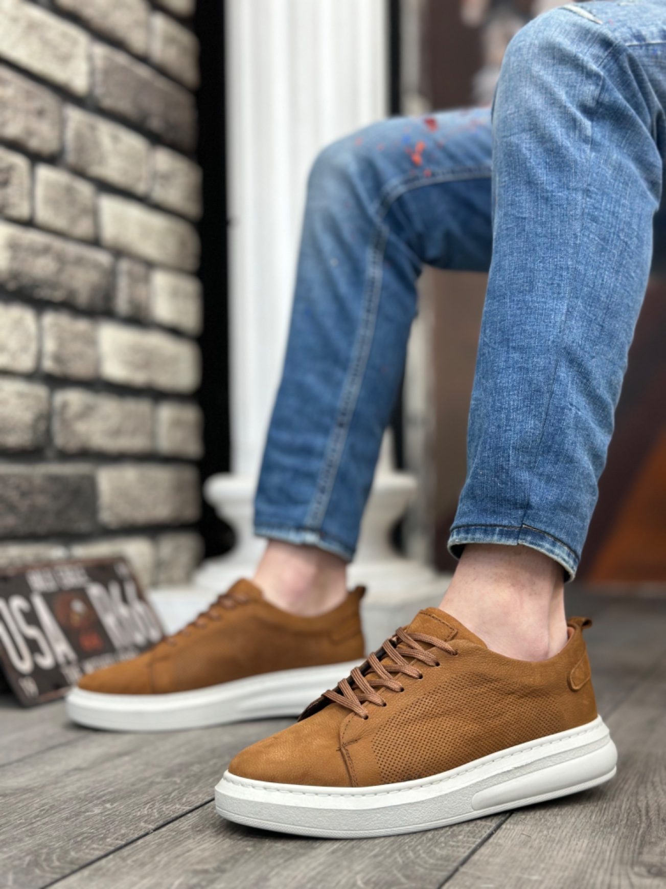 Genuine Nubuck Leather Taba Lace-up Casual Men's Shoes