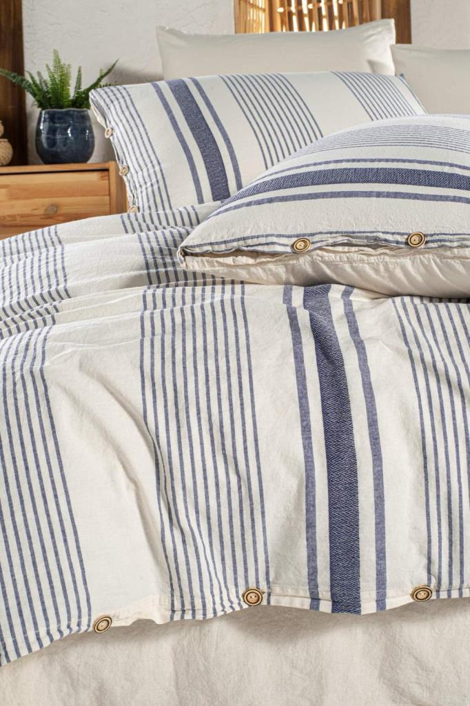 Organic Double Duvet Cover Set Line Navy Blue