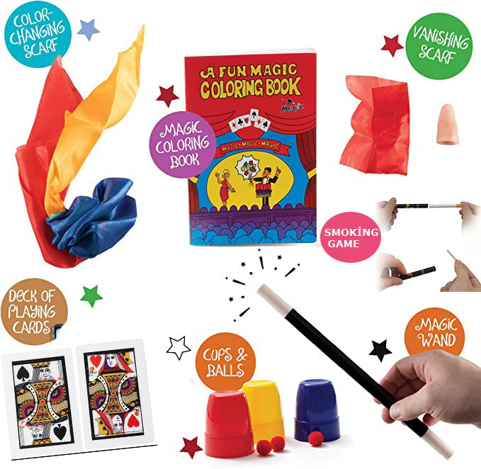 Kids Size Black Magician Cloak Black Magician Hat and 7 Piece Magic Games