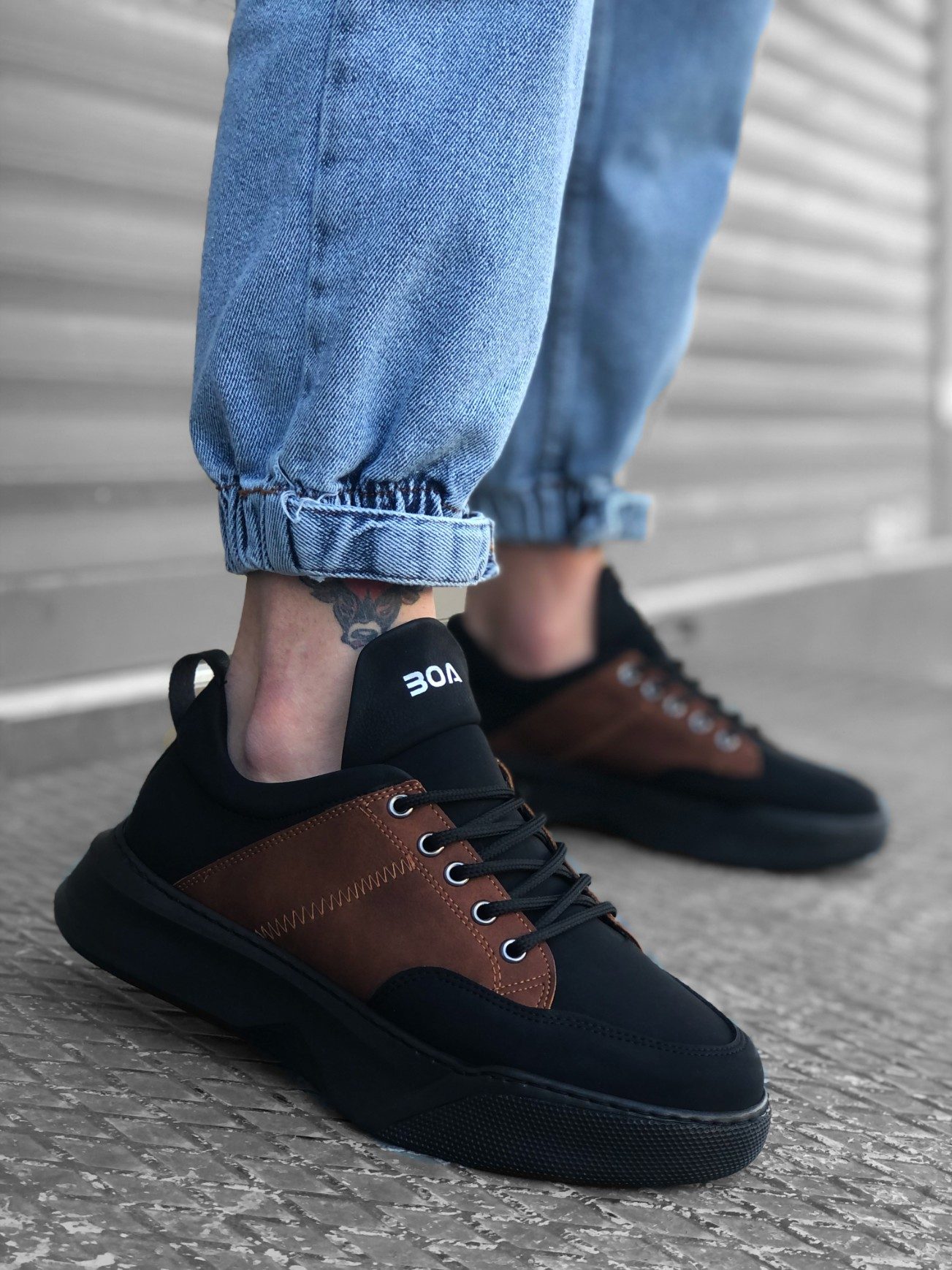 Lace-up Men's High Sole Black Tan Sneakers