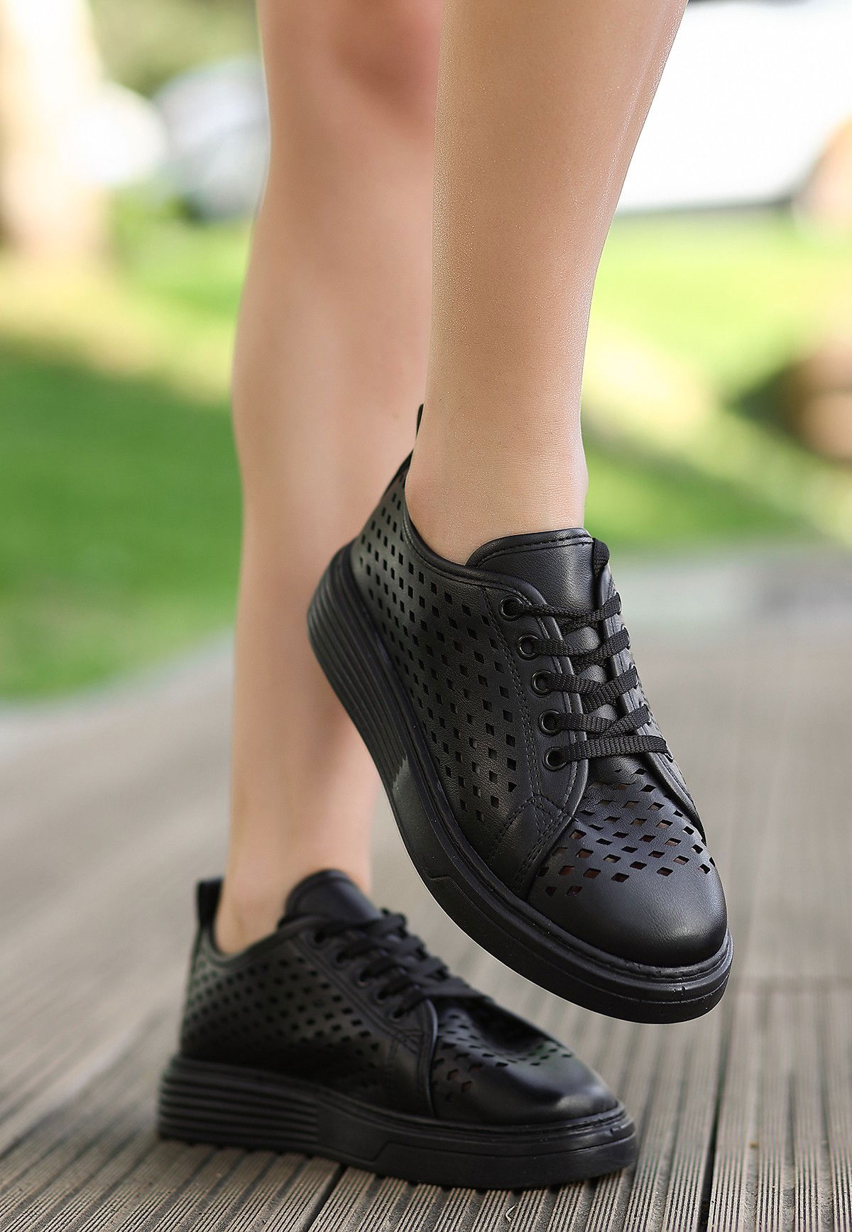 Black Skin Lace-Up Sneakers