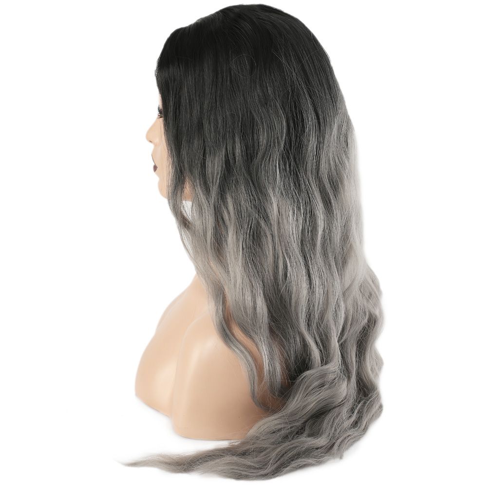 Kanekalon Fiber Synthetic Long Water Wavy Look Wig / Black Gray Ombré