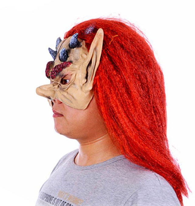 Latex Asterix Viking Hobbit Mask with Red Hair Half Face Horns