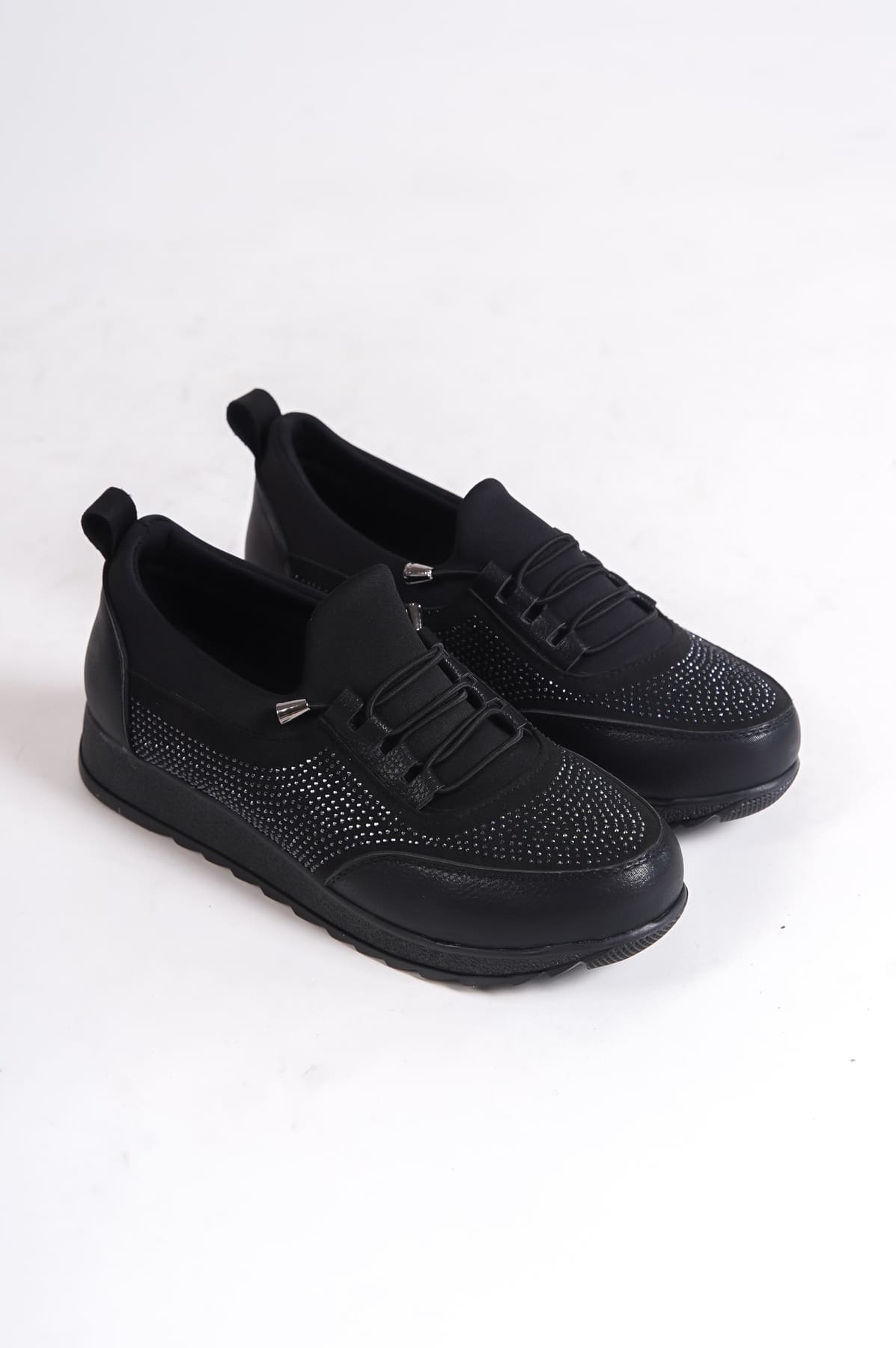 CLZ948 Lace-up Elastic Orthopedic Comfortable Sole Skin Stone Detailed Babet Mother Shoes ST Black