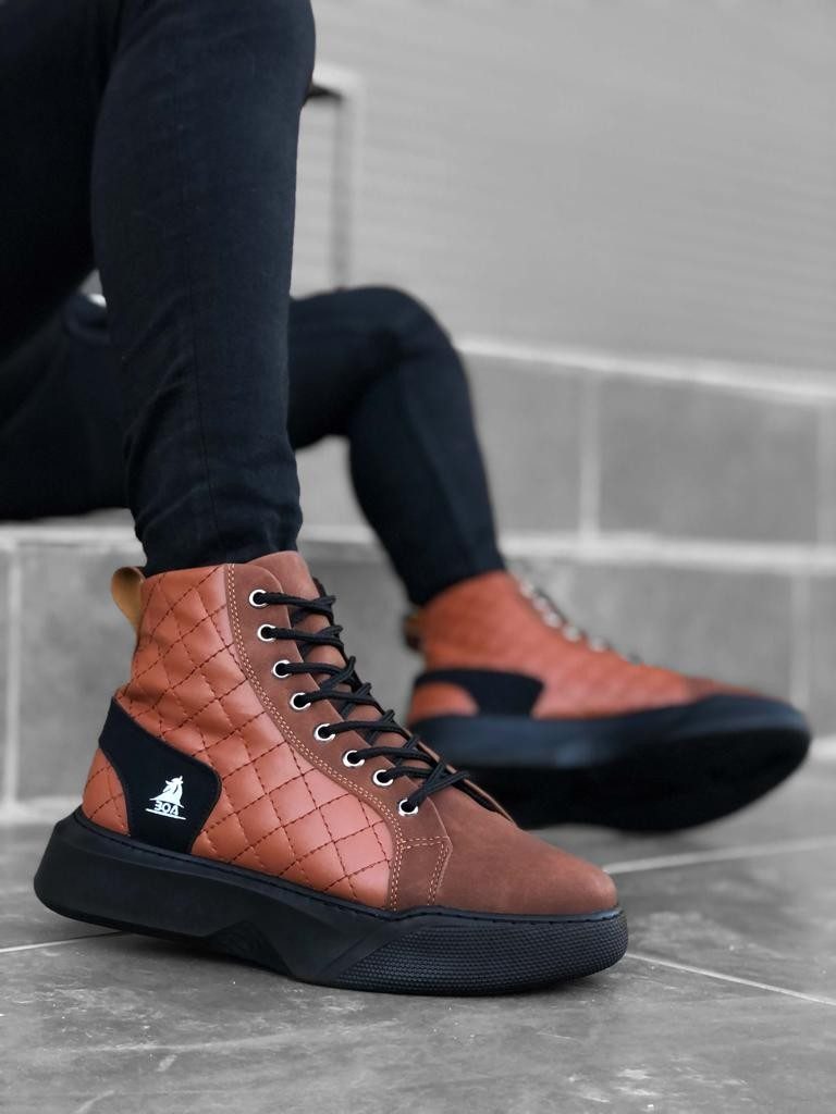 Lace-up Dark Tan Quilted Men's High Sole Sport Boots