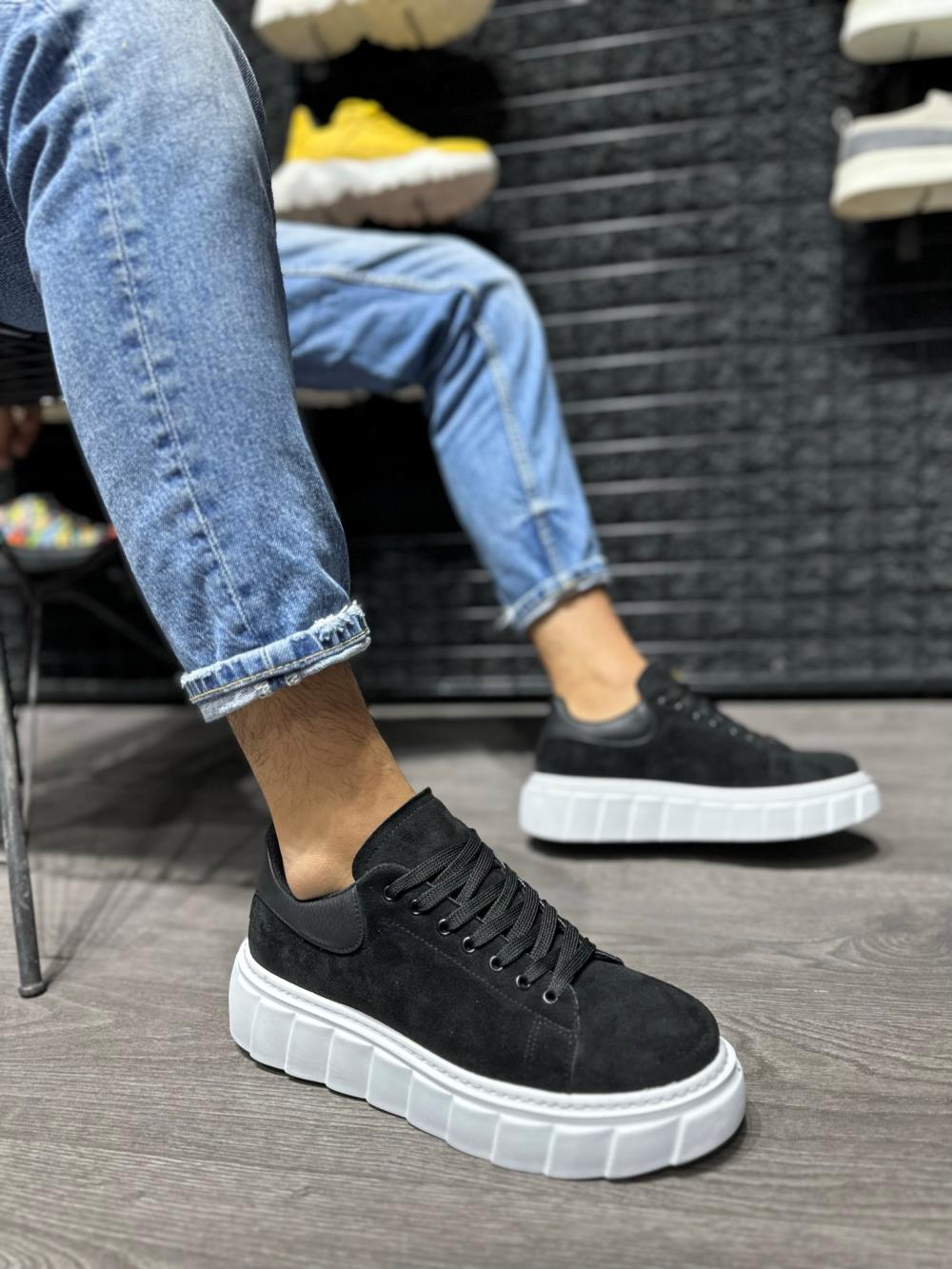 High Sole Casual Suede Shoes Black (White Sole)