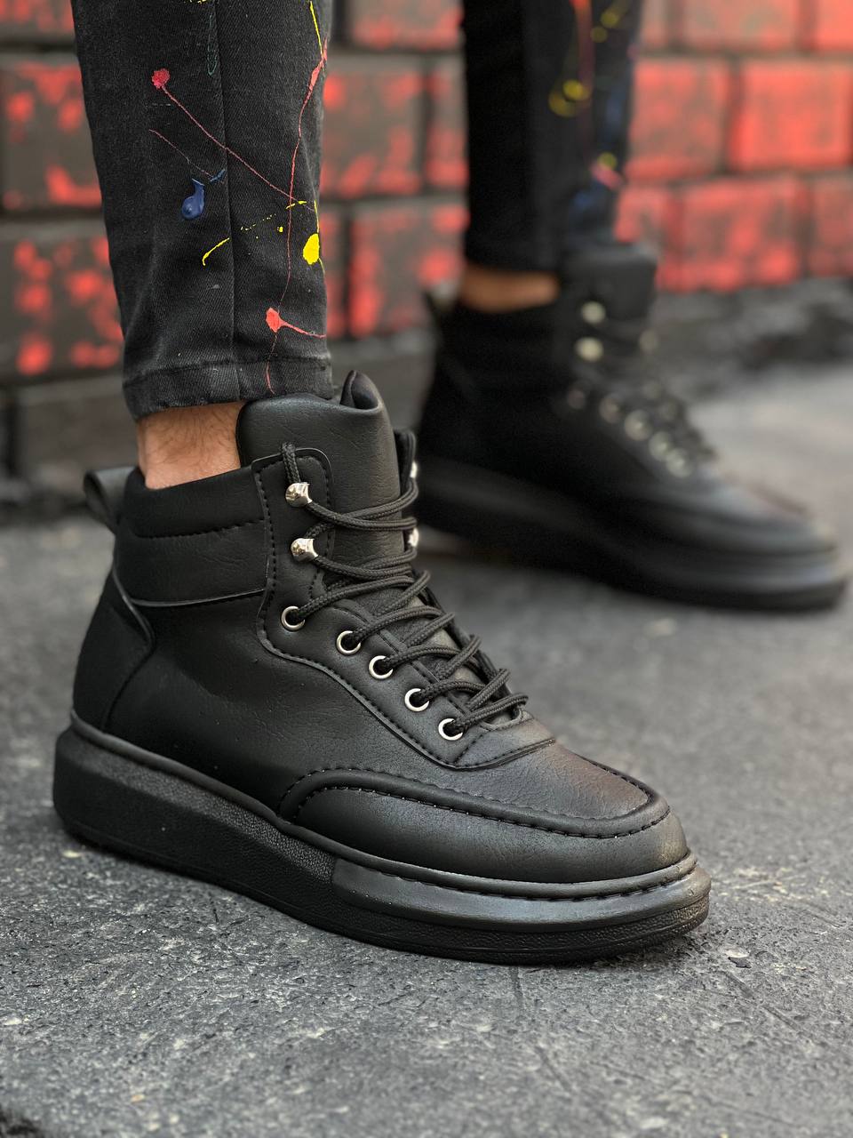 Black Skin Black High Sole Men's Ankle Boots